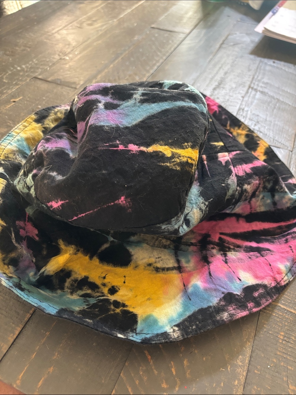 Tie-Dye Bucket Hat in Black with Pink, Yellow & Blue - Unbranded